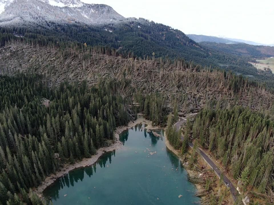 Il lago di Erdemolo dopo il passaggio di Vaia